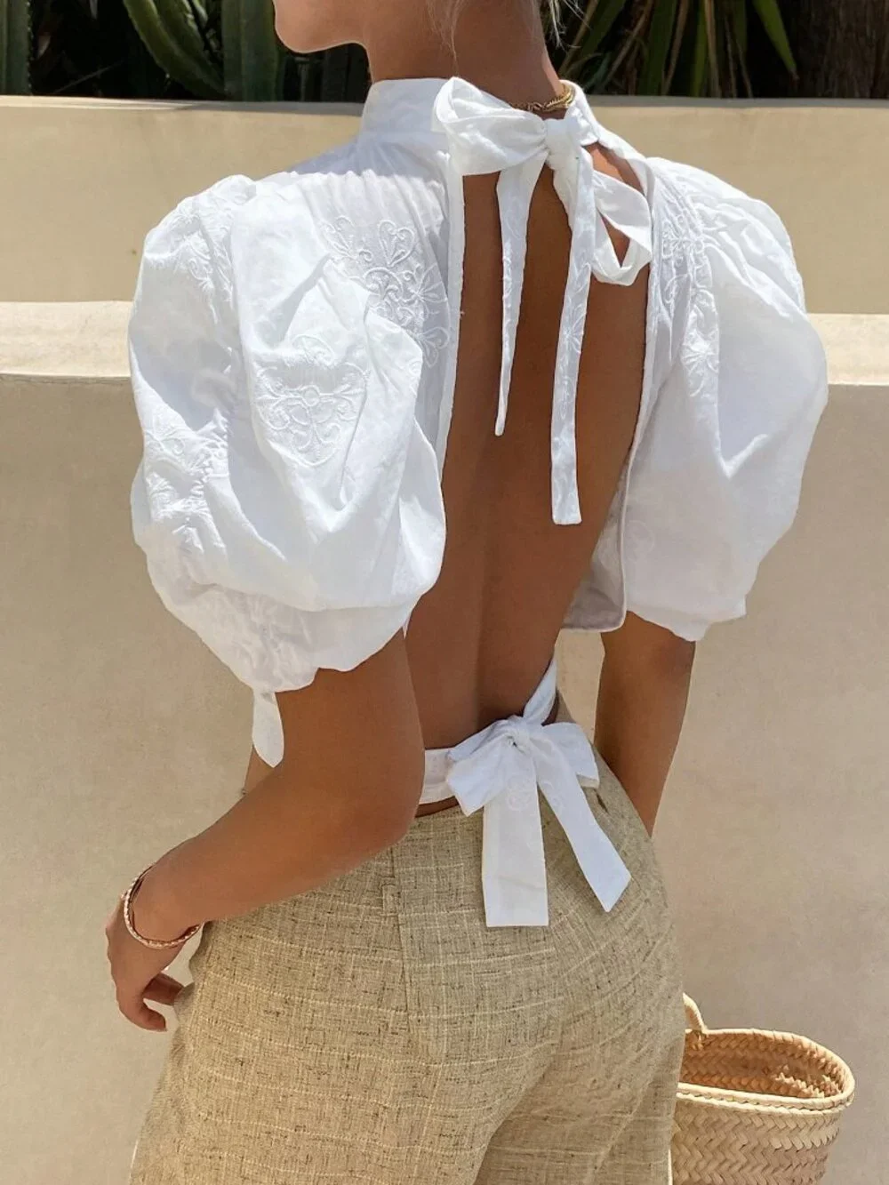White Casual Women's Cotton Backless tie-Up Petal Sleeve High Neck Blouse - Picture 3 of 8